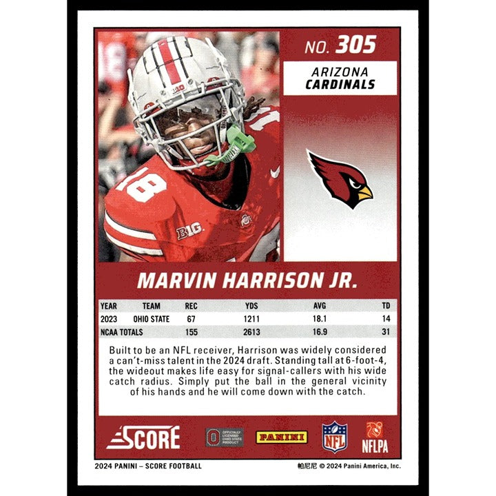 Marvin Harrison Jr. RC - 2024 Score Football #305 - Green Arizona Cardinals Mint