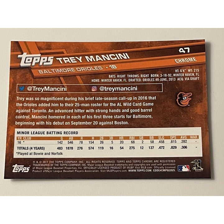 2017 Topps Chrome Trey Mancini* RC CARD #47 MLB Houston ASTROS/ORIOLES WS CHAMPS