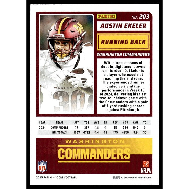 2025 NFL SCORE Panini Football Card - Austin Ekeler* Commanders 203 - Near Mint!
