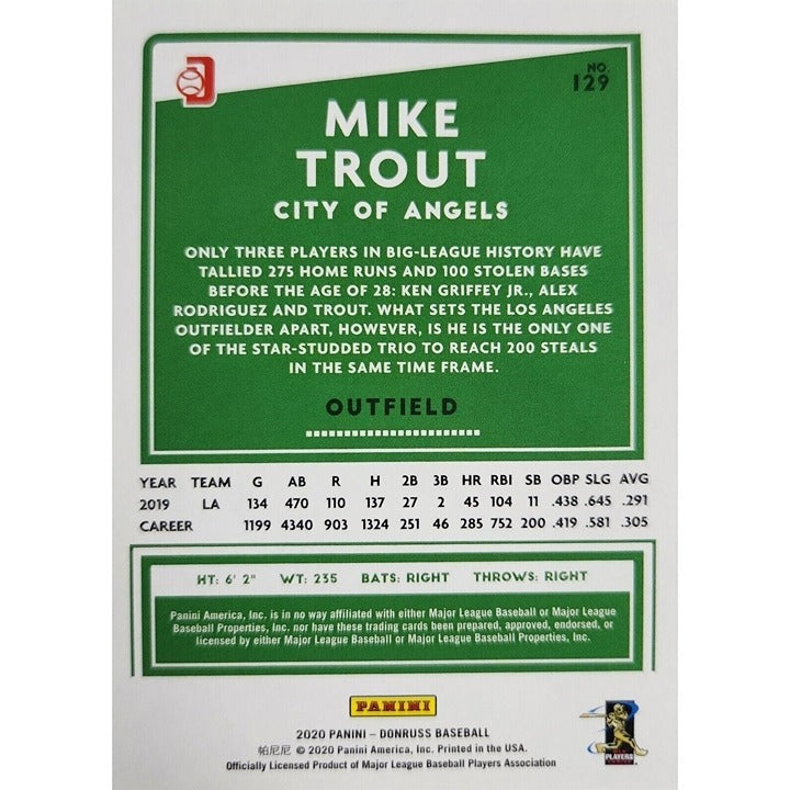 Mike Trout 2020 Panini Donruss MLB Baseball Card #129 - MLB Los Angeles Angels*