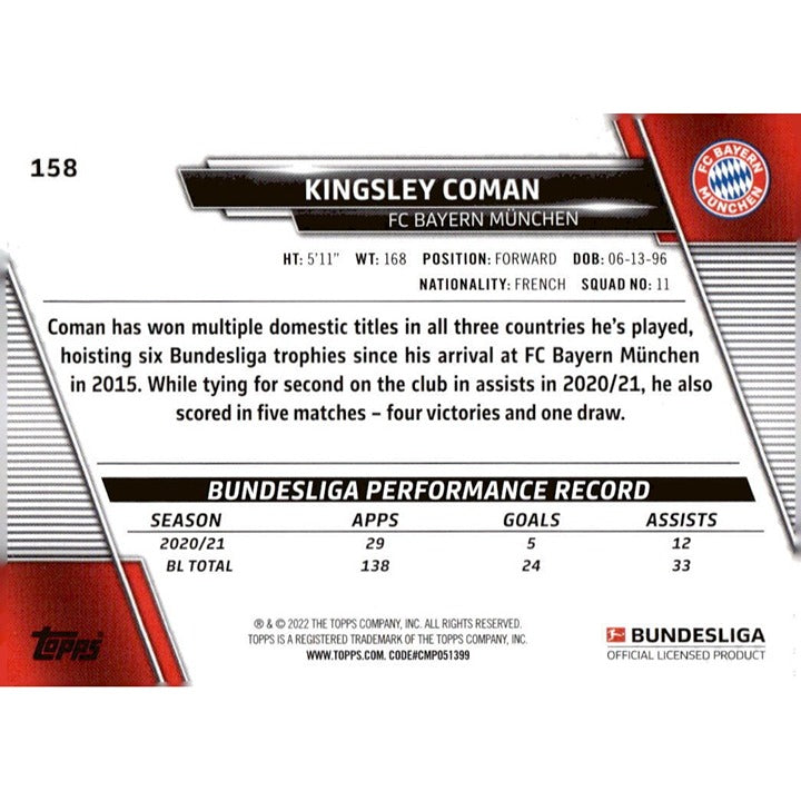 2021-22 Topps Bundesliga Soccer- Futbol #158 Kingsley Coman - FC Bayern Munchen