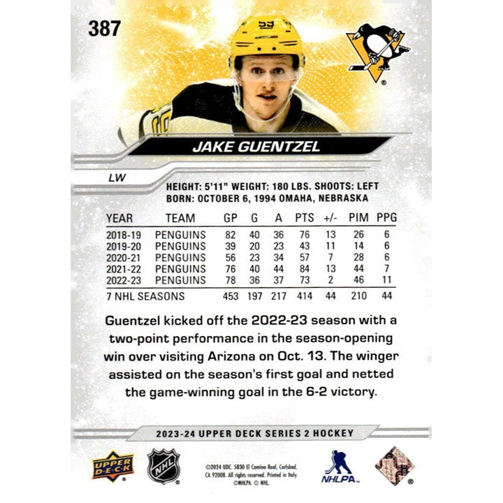 Jake Guentzel 2023-24 - Upper Deck Series 2 - NHL Hockey Card - #387 - Penguins