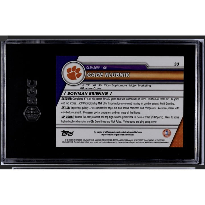 2023 Bowman Chrome U Cade Klubnik RC* Autograph NCAA Clemson Tigers #33 - SGC 9