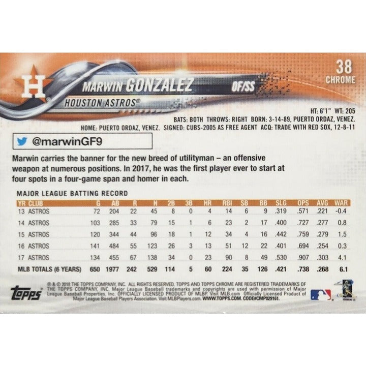 2018 Topps Chrome - Marwin Gonzalez* #38 - MLB Houston Astros World Series Champ