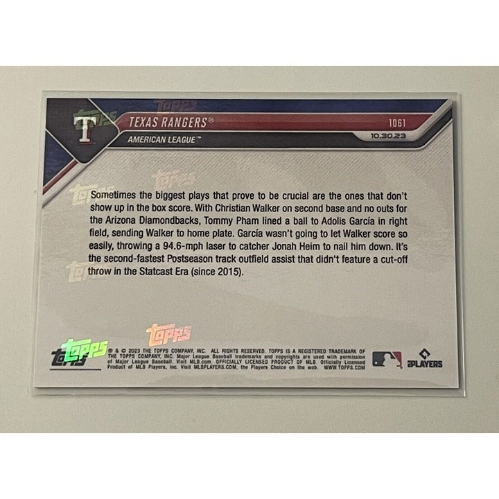 Texas Rangers - World Series 2023 MLB TOPPS NOW Card #1061 Incredible Throw Home