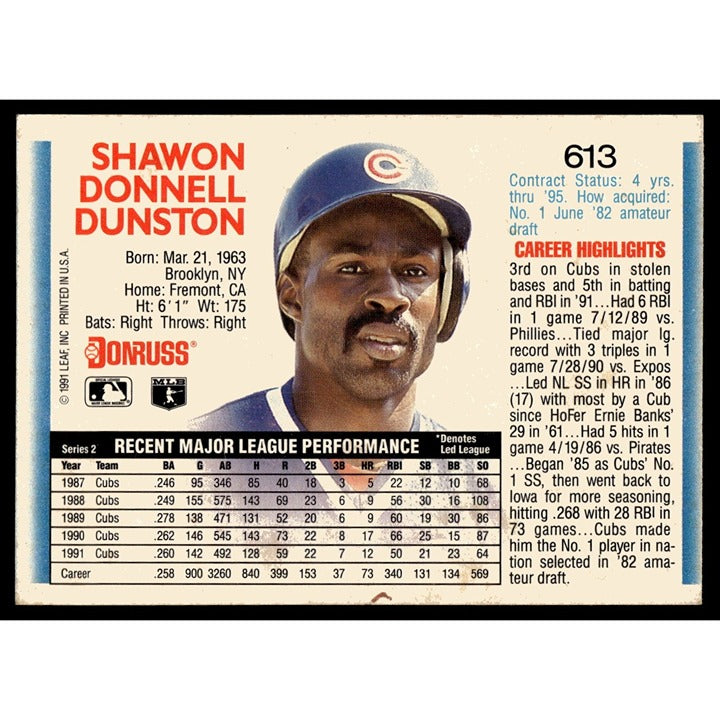 1992 Donruss #613 Shawon Dunston - MLB Baseball Cubs Card - Near Mint Or Better!