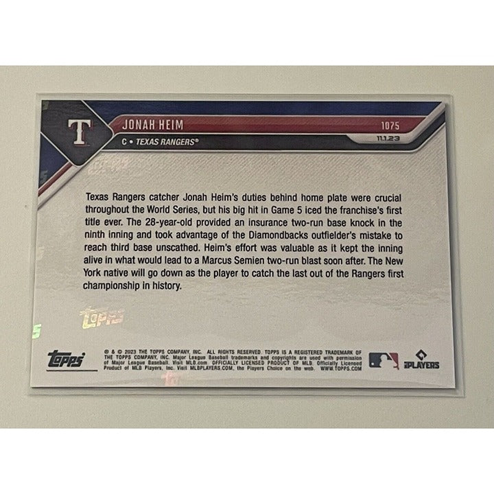 2023 MLB Topps Now Jonah Heim Texas Rangers Win World Series Champs - Card #1075
