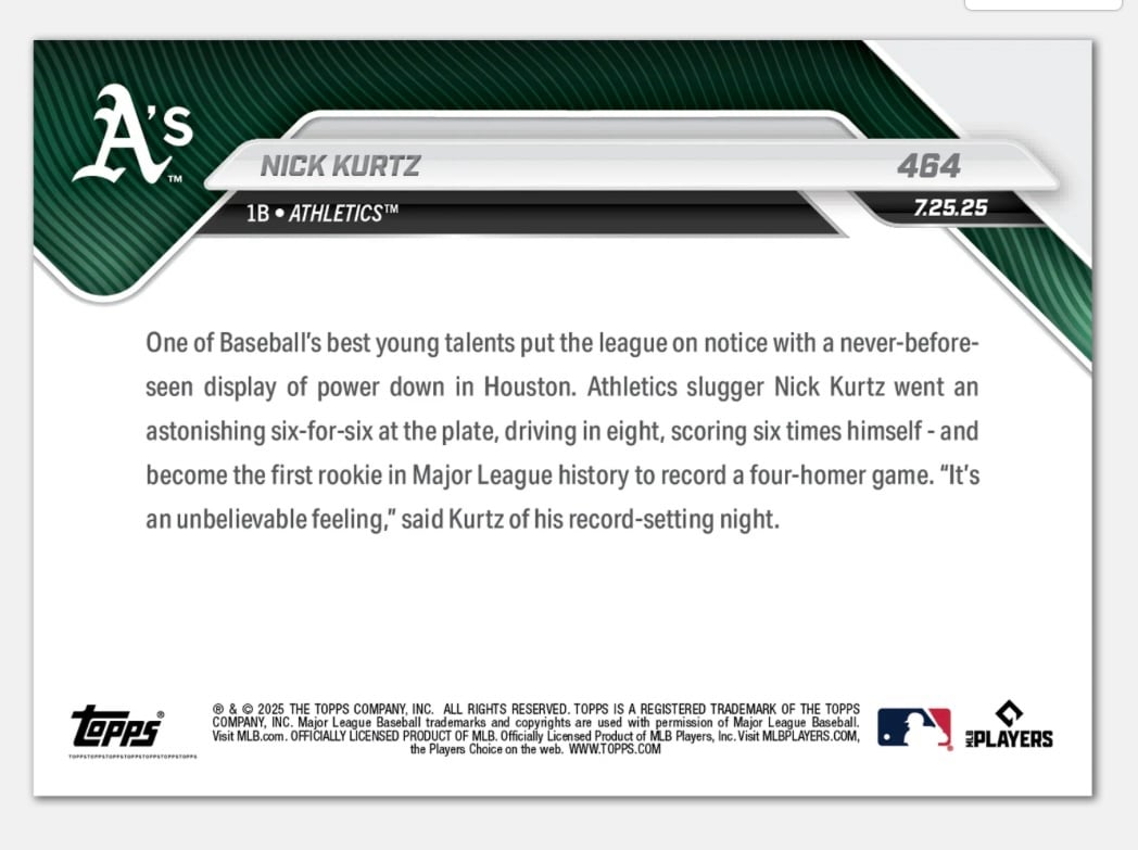 NICK KURTZ RC* - 2025 MLB Topps NOW 1st ROOKIE IN MLB HISTORY W/ FOUR-HOMER GAME