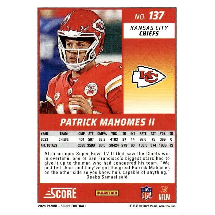 2024 NFL Score Football Patrick Mahomes II - Scorecard #137 - Kansas City Chiefs