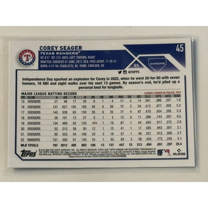 2023 Topps Chrome Logofractor Corey Seager Blue Refractor - MLB Rangers Card #45
