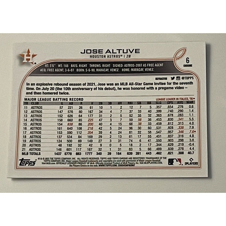 2022 Topps Chrome Jose Altuve* Refractor #6 MLB - Houston Astros - World Champs*