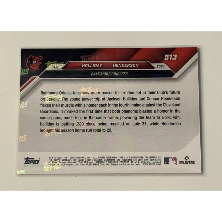 3/5! Jackson Holliday & Gunnar Henderson Go Yard* MLB Orioles 2024 Topps Now 513