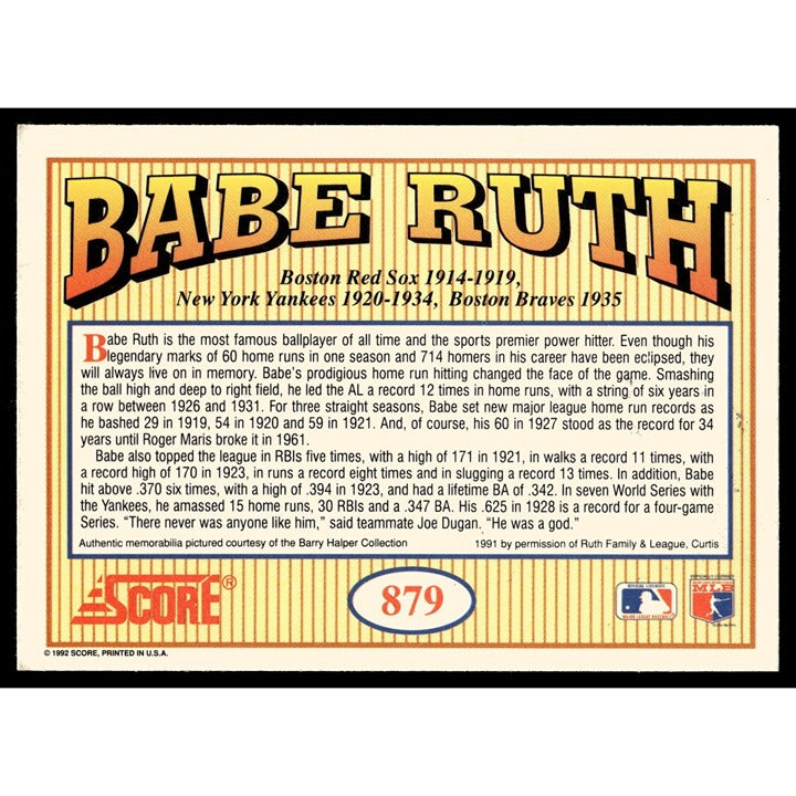 Babe Ruth* 1992 Score Baseball MLB HOF Great New York Yankees Near Mint Card 879