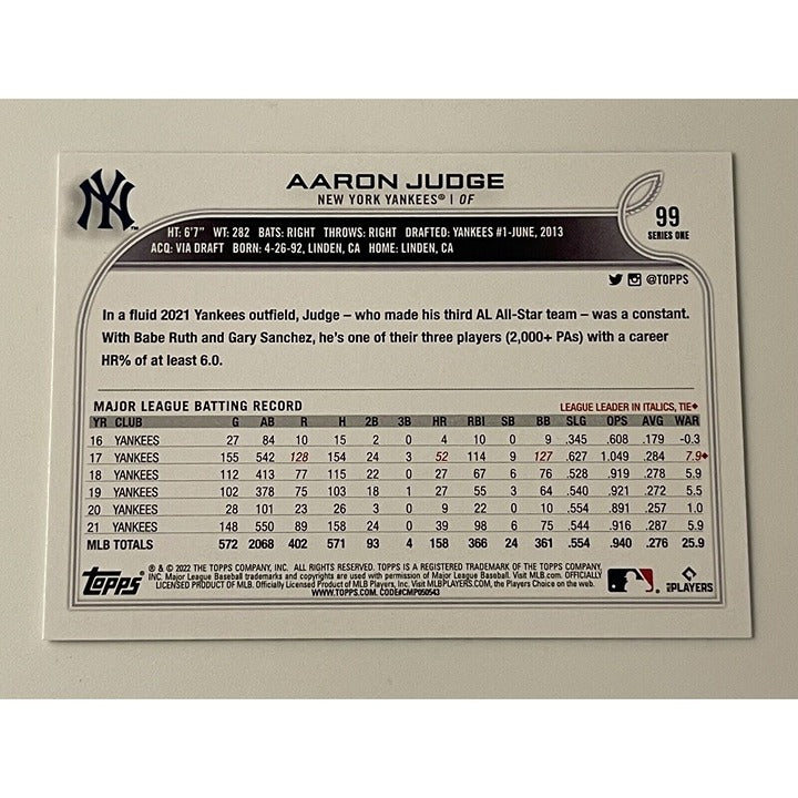 2022 Topps Series One Aaron Judge #99 MLB NY Yankees MVP-HRs Red Stars ALL RISE!