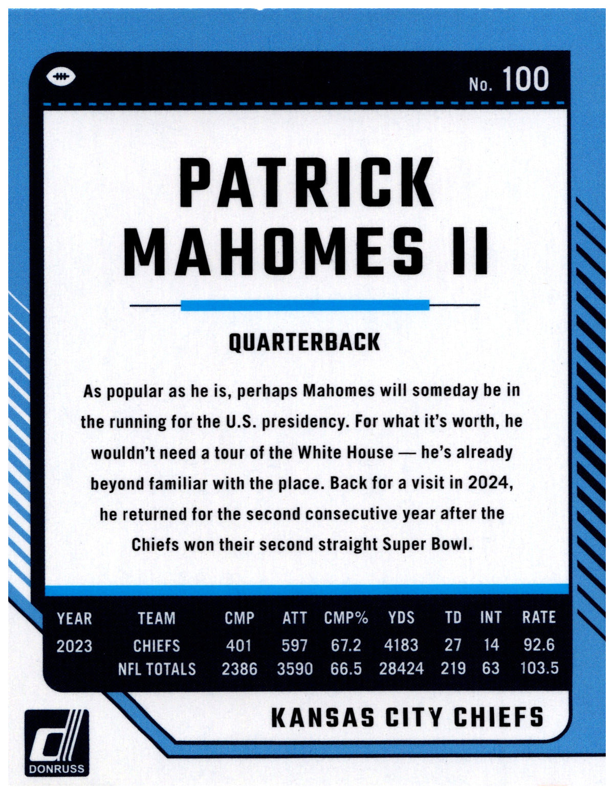 Patrick Mahomes II 2024 Donruss #100 Kansas City Chiefs Football Card