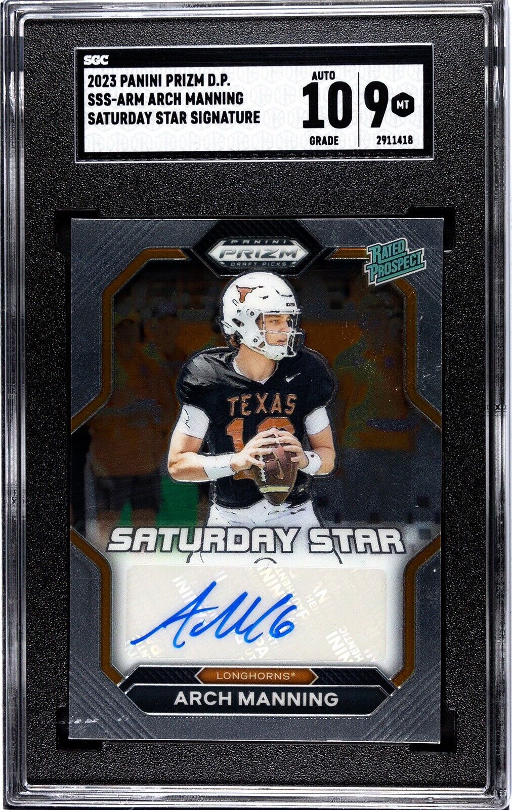 ARCH MANNING Prizm ARCH MANNING AUTO 2023-24 Prizm Draft Saturday STAR RATED Texas Longhorns SGC 9