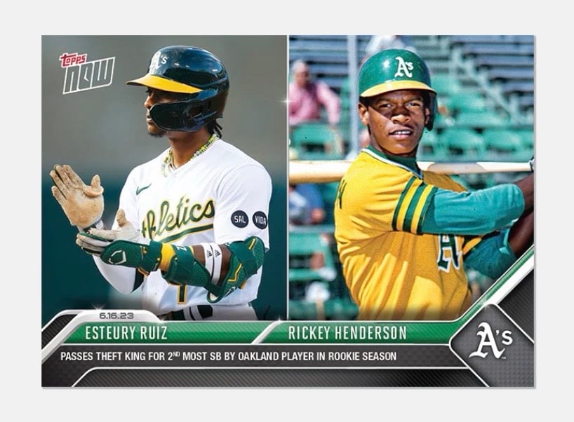 ONLY 942 Printed Esteury Ruiz Rickey Henderson 2023 Topps NOW 453 MLB Oakland As — 01_front