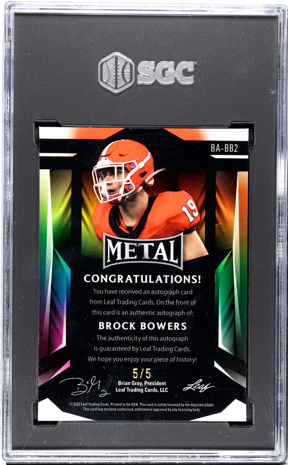 2023 Leaf Metal Brock Bowers* 1/5 Auto Pigskin Wave Card #BA-BB2 UGA Dogs SGC 10 — 01_front