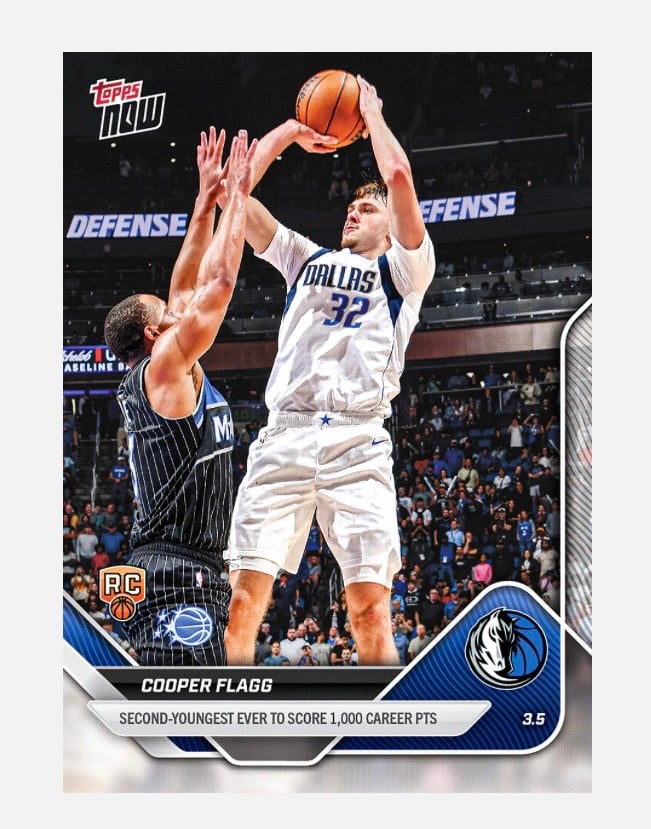 14K Printed Cooper Flagg RC 2025-26 Topps NOW #193 NBA Mavericks 2nd Youngest 10 — 01_front