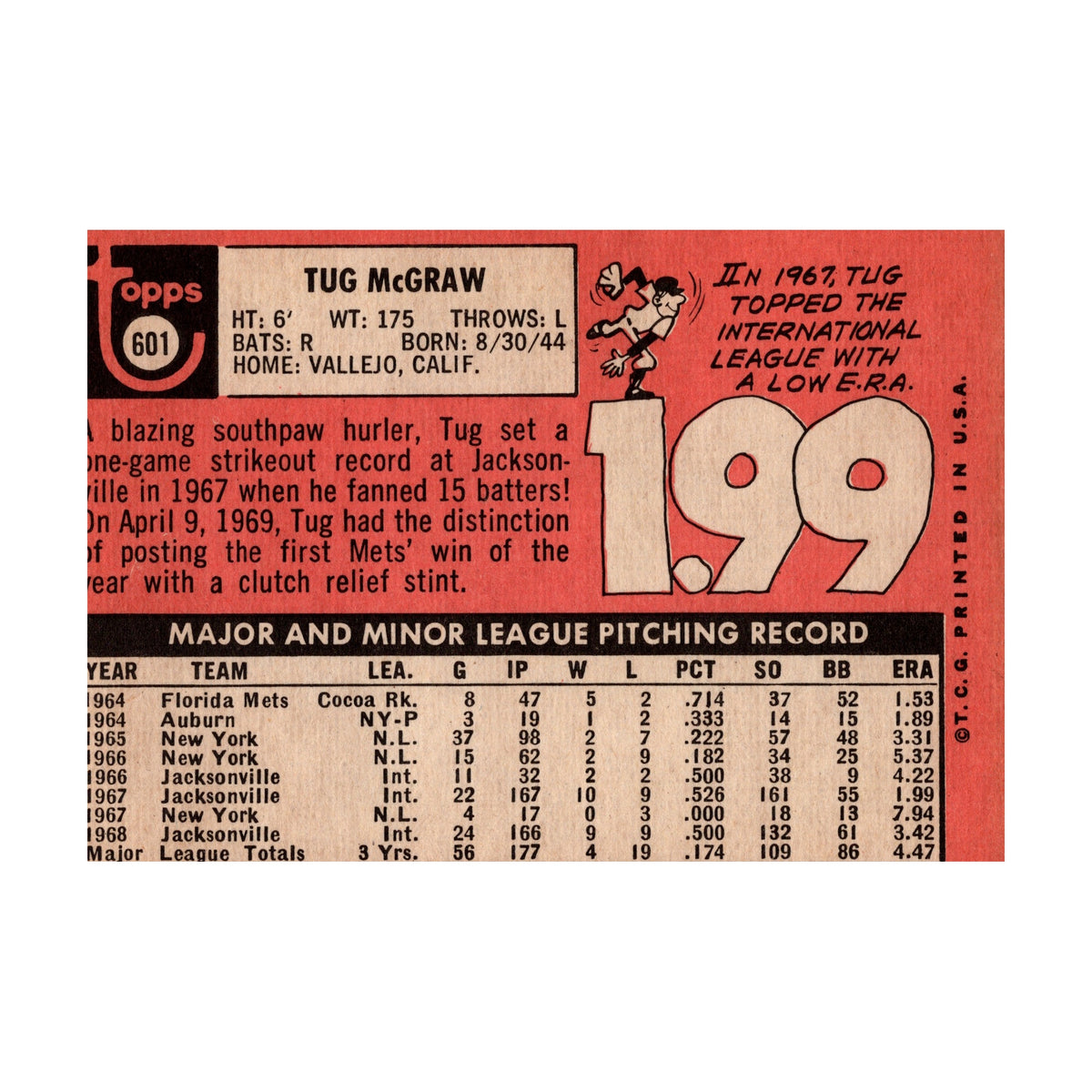 Tug McGraw 1969 Topps #601 New York Mets Pitcher Vintage Baseball Card