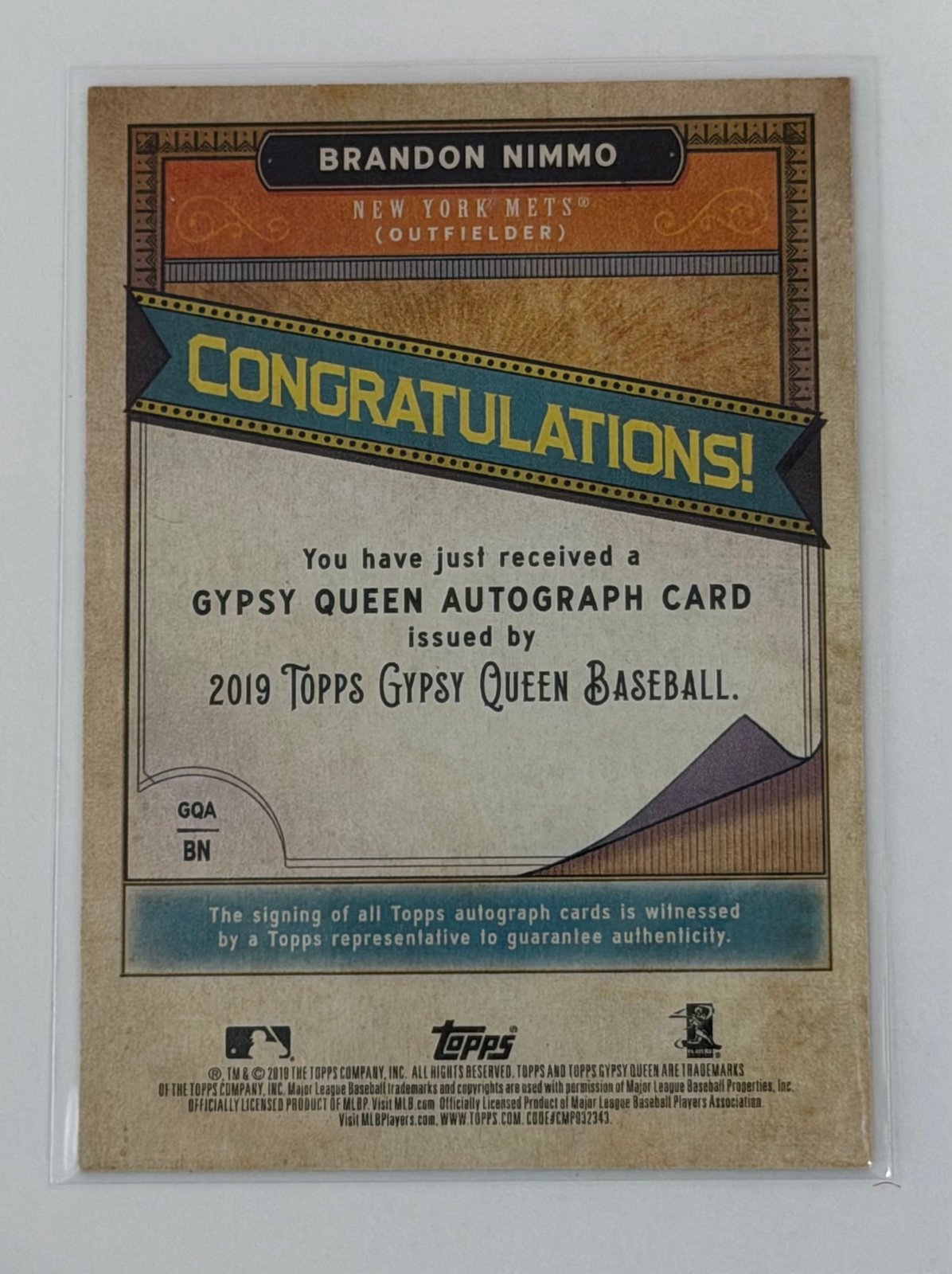 Brandon Nimmo Topps Brandon Nimmo Auto 2019 Topps Gypsy Queen MLB NY Mets Autograph GQA-BN