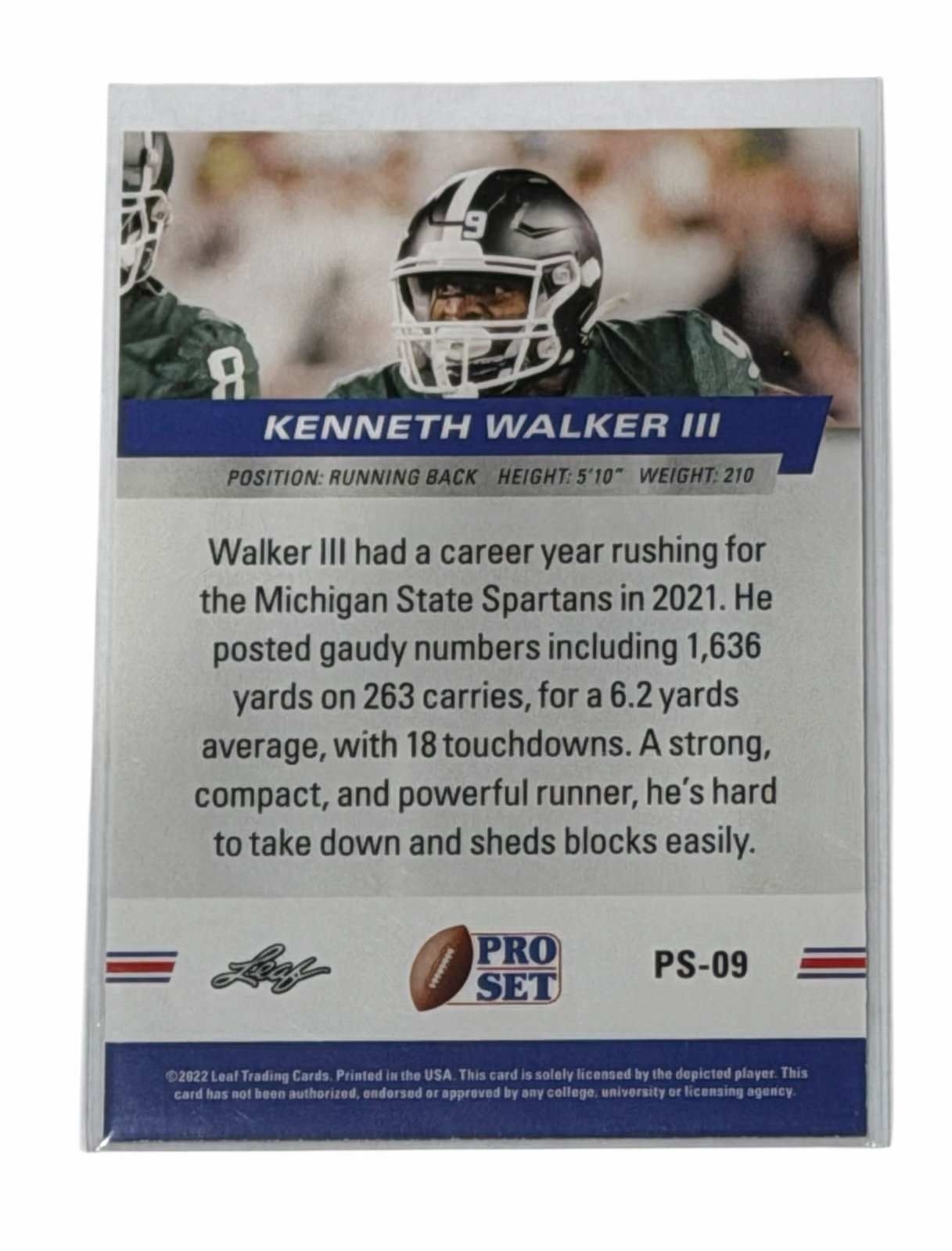 Kenneth Walker III RC 2022 Leaf Pro Set #PS09 NCAA Michigan State NFL Champion — 02_back