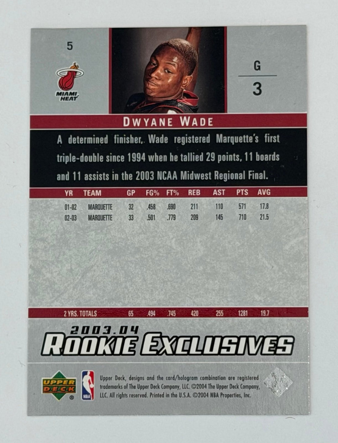 Dwyane Wade RC 2003 Upper Deck Rookie Exclusives #5 NBA Miami Heat — 01_front