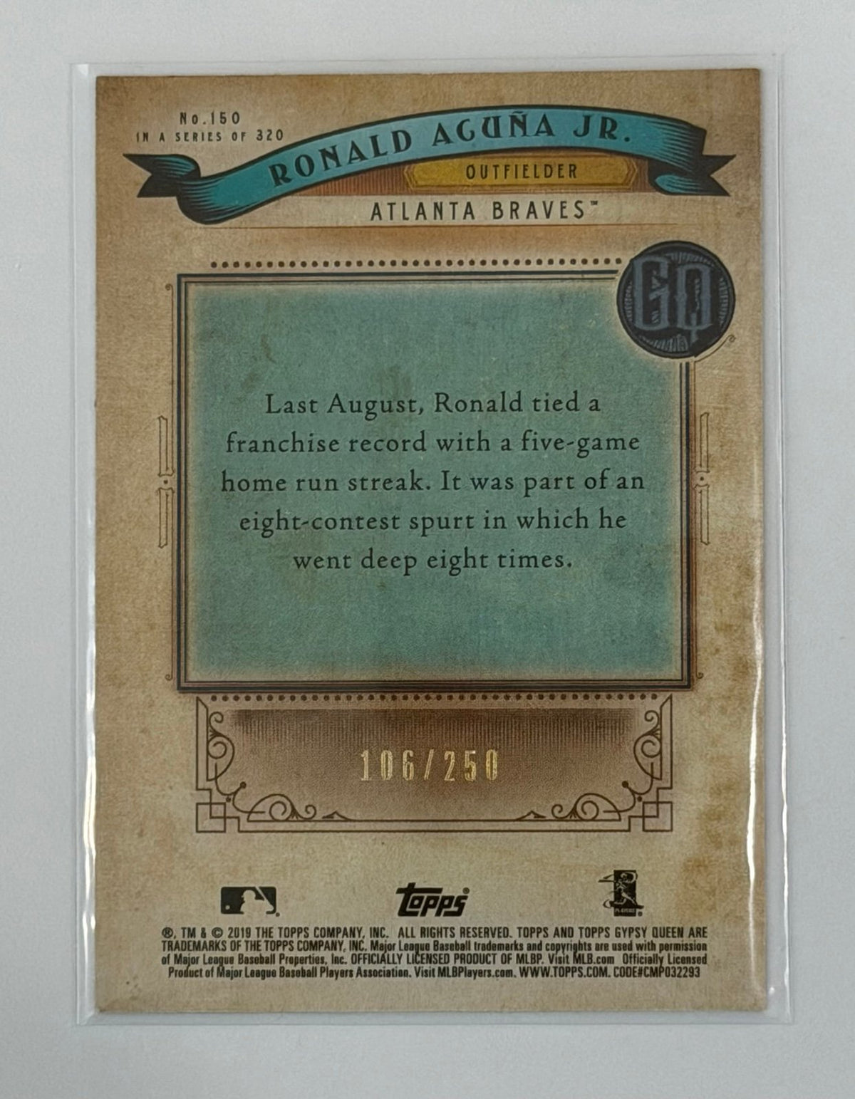 /250 Ronald Acuna Jr 2019 Topps Gypsy Queen #150 SP MLB Atlanta Braves — 02_back