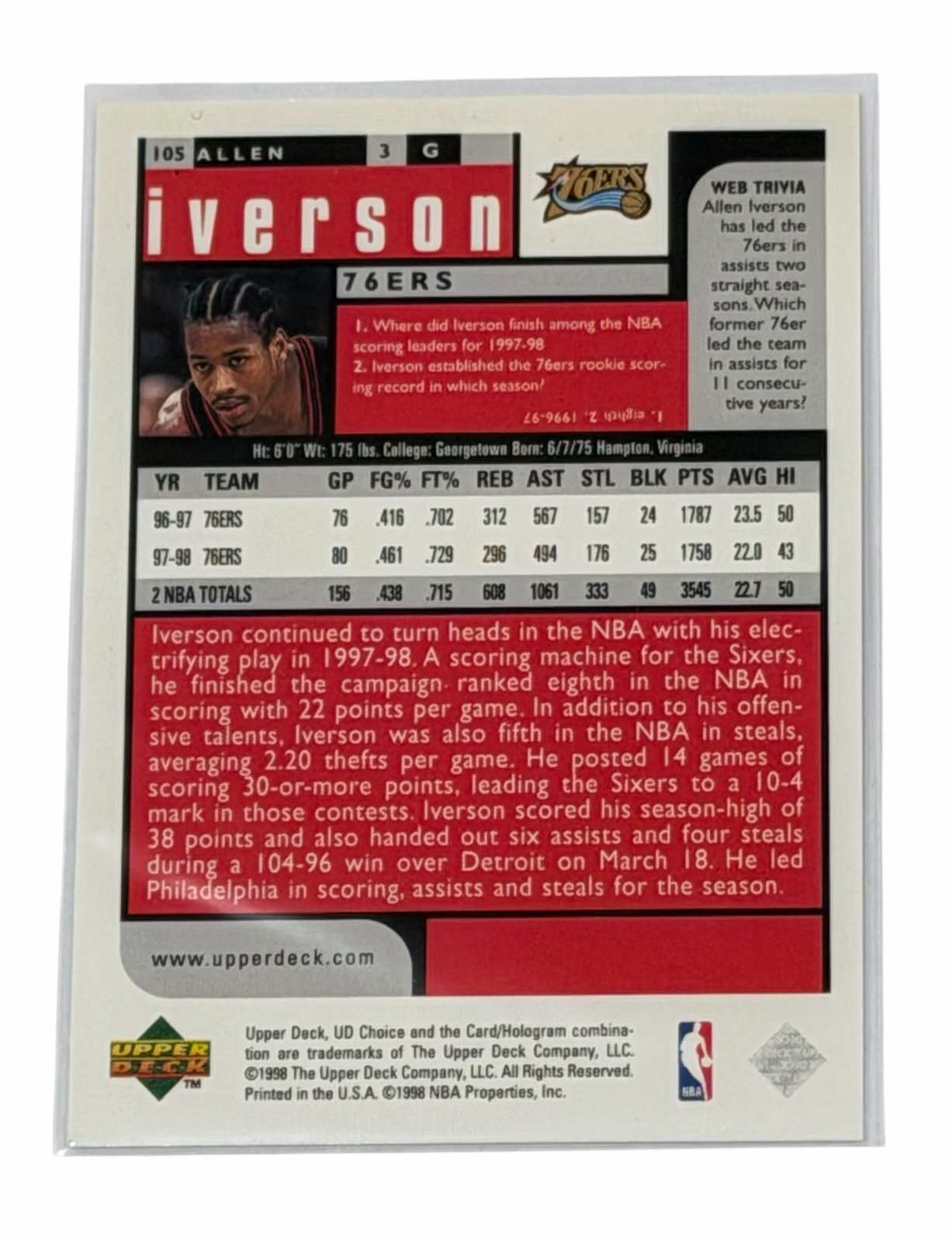Allen Iverson 1998 Upper Deck UD Choice #105 NBA Philadelphia 76ers HOF — 02_back