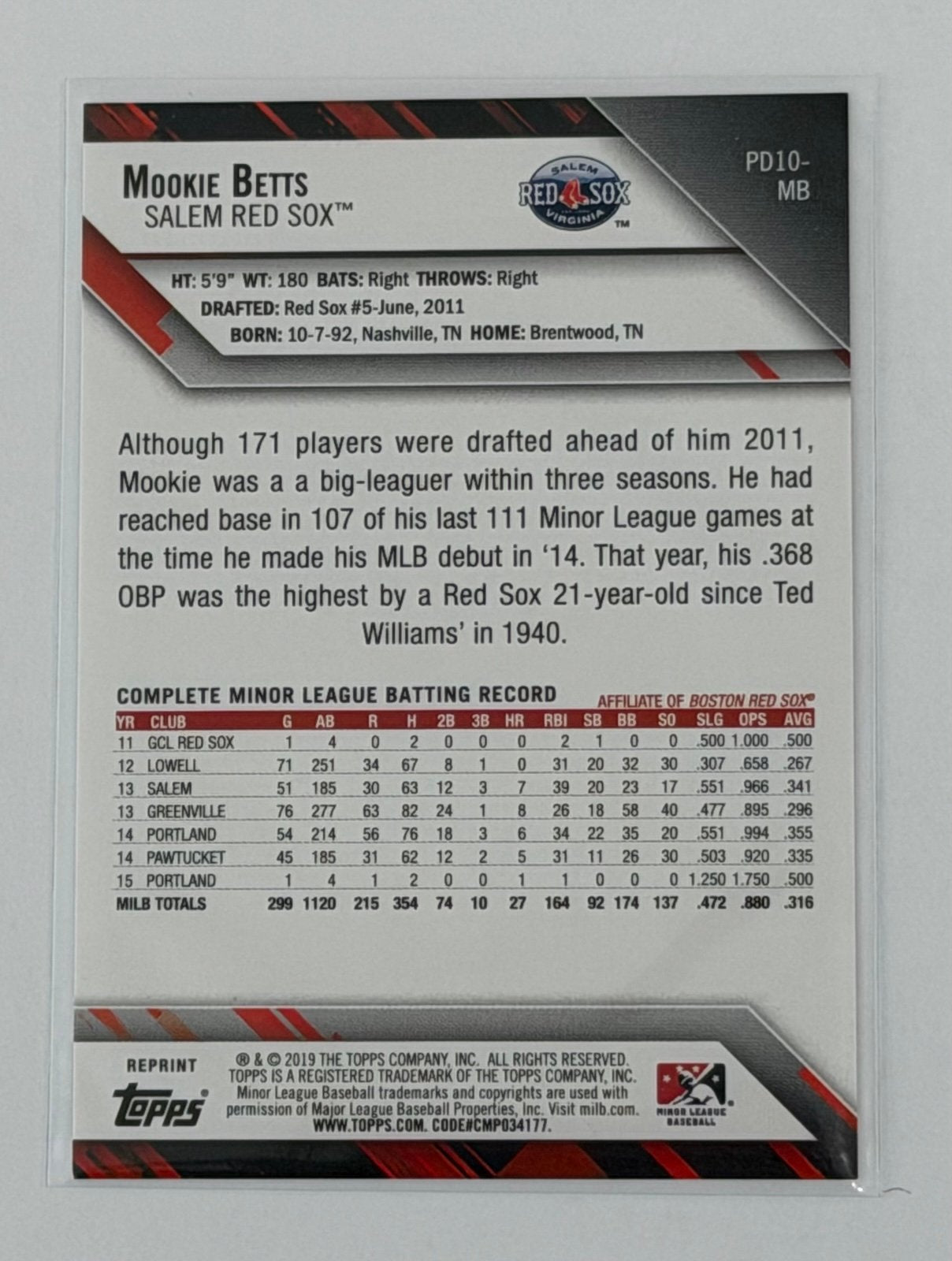 Mookie Betts Topps Pro Mookie Betts 2019 Topps Pro Debut PD10-MB MLB Red Sox REPRINT
