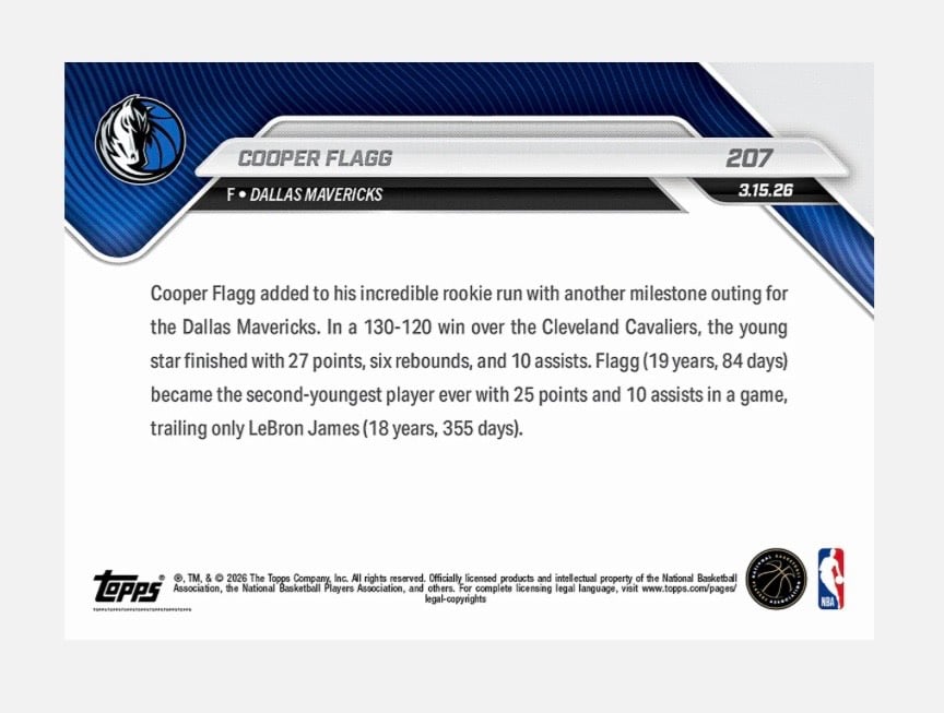 12K Printed Cooper Flagg RC 2nd Youngest Ever 25/10 Game 2025 Topps NOW NBA Mavs — 02_back