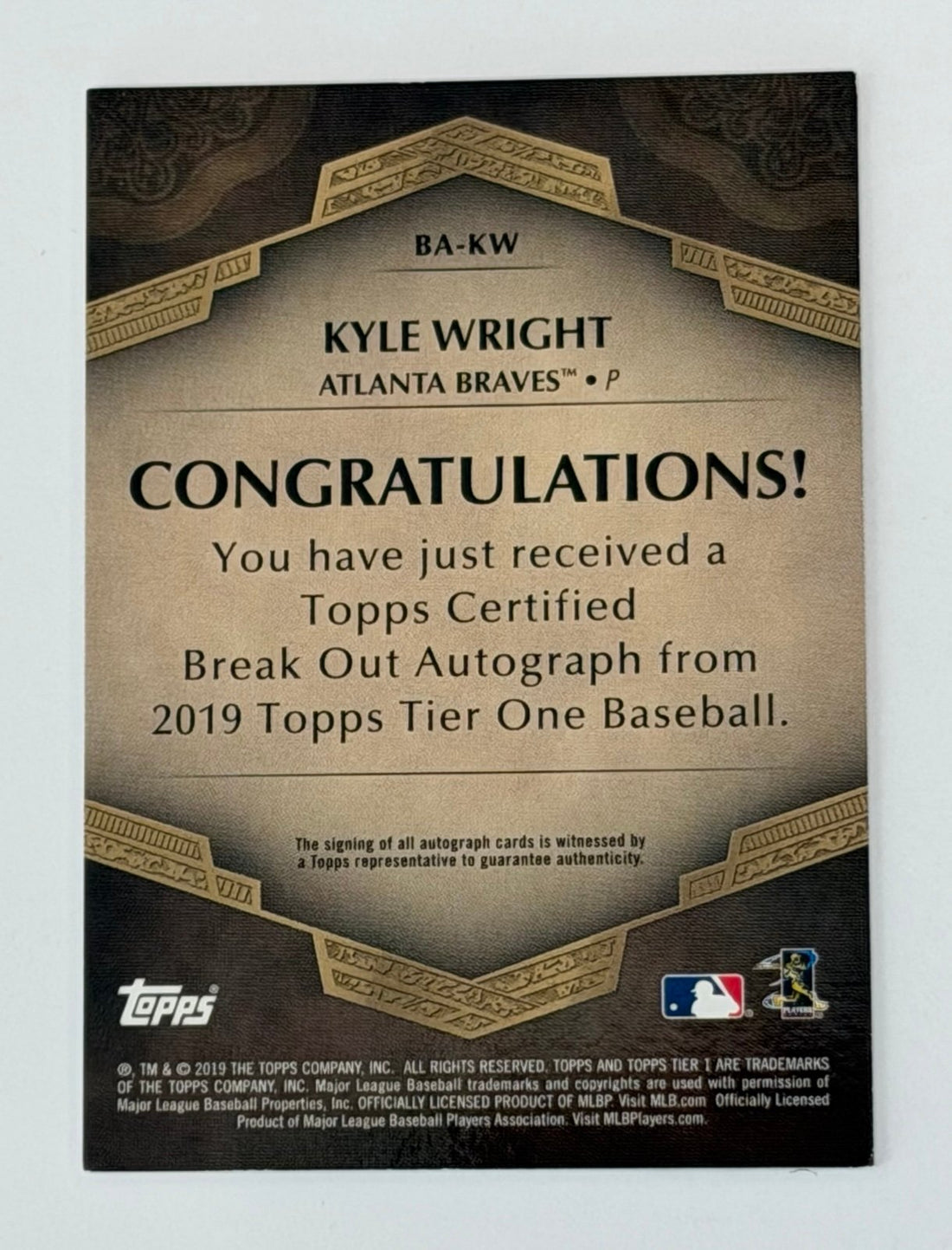 Kyle Wright Topps /200 Kyle Wright 2019 Topps Tier One Break Out Auto BA-KW MLB Braves