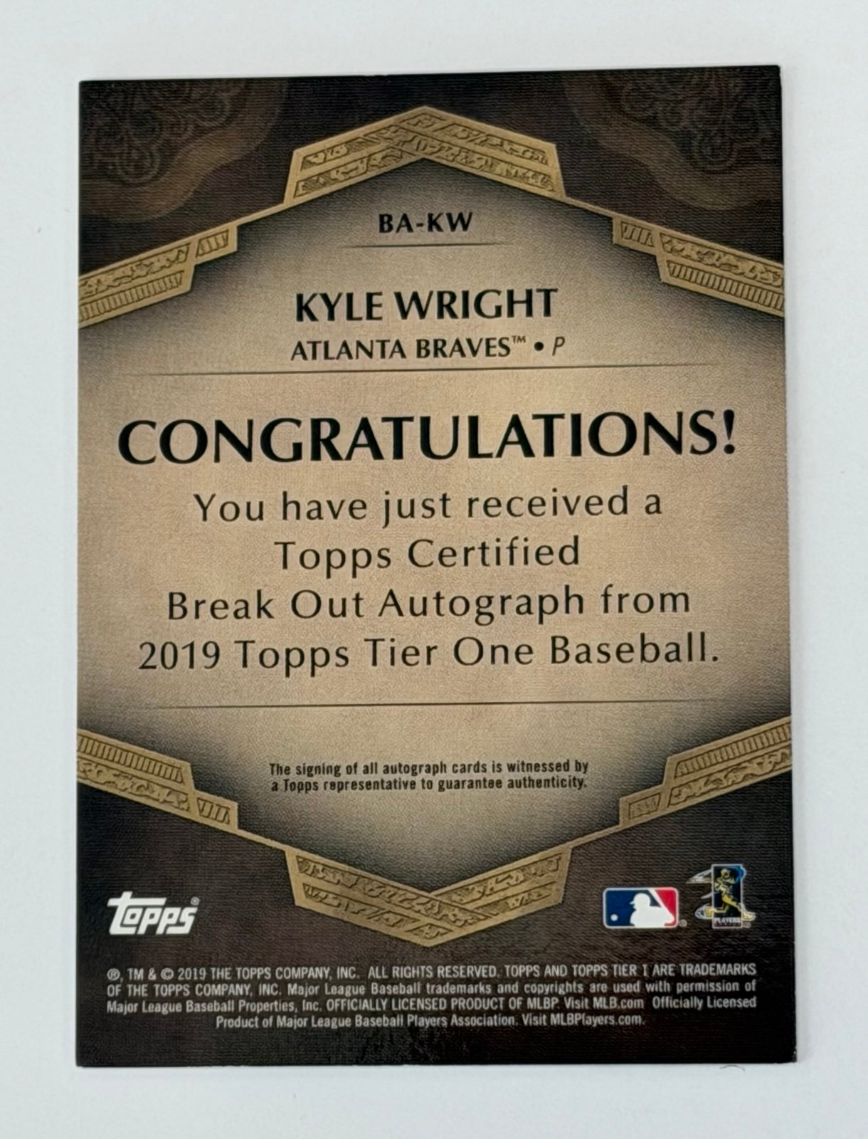 Kyle Wright Topps /200 Kyle Wright 2019 Topps Tier One Break Out Auto BA-KW MLB Braves