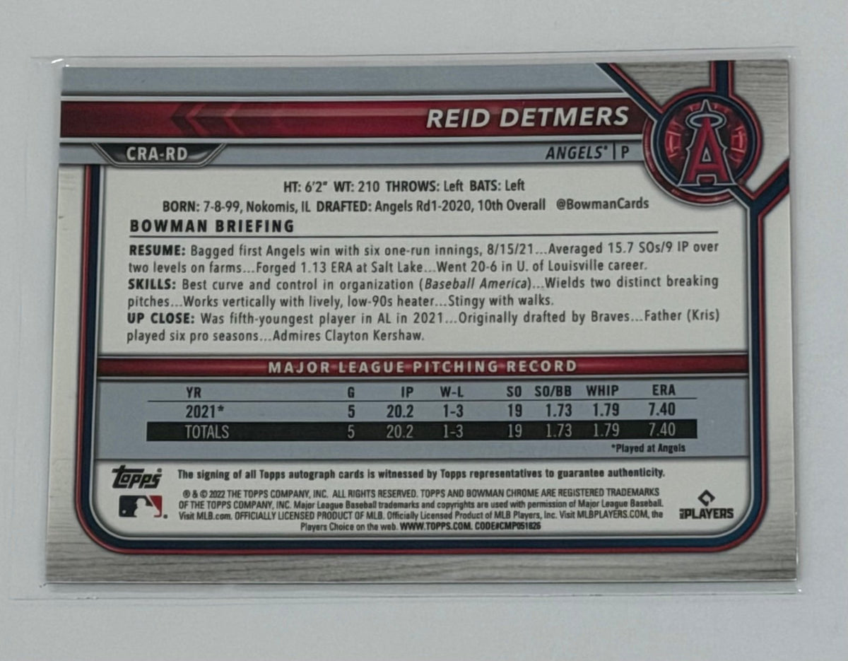 Reid Detmers Bowman Chrome Reid Detmers RC Auto 2022 Bowman Chrome CRA-RD MLB LA Angels Rookie Autograph