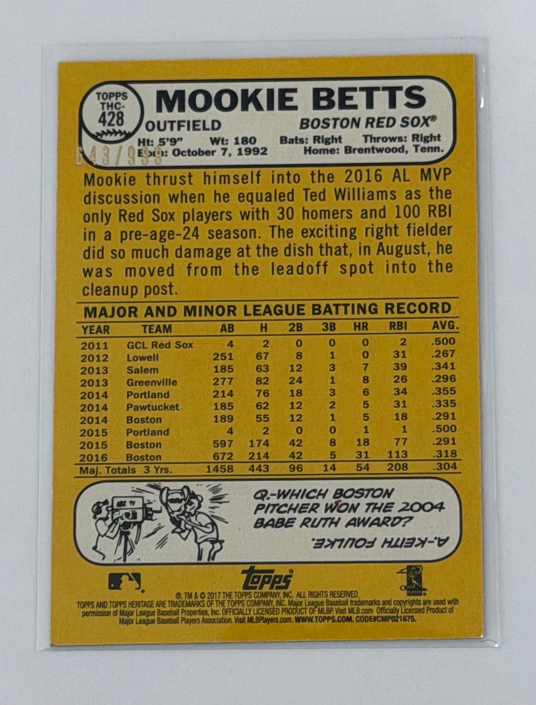 Mookie Betts Topps /999 Mookie Betts 2017 Topps Heritage Chrome Refractor RC THC-428 MLB Red Sox
