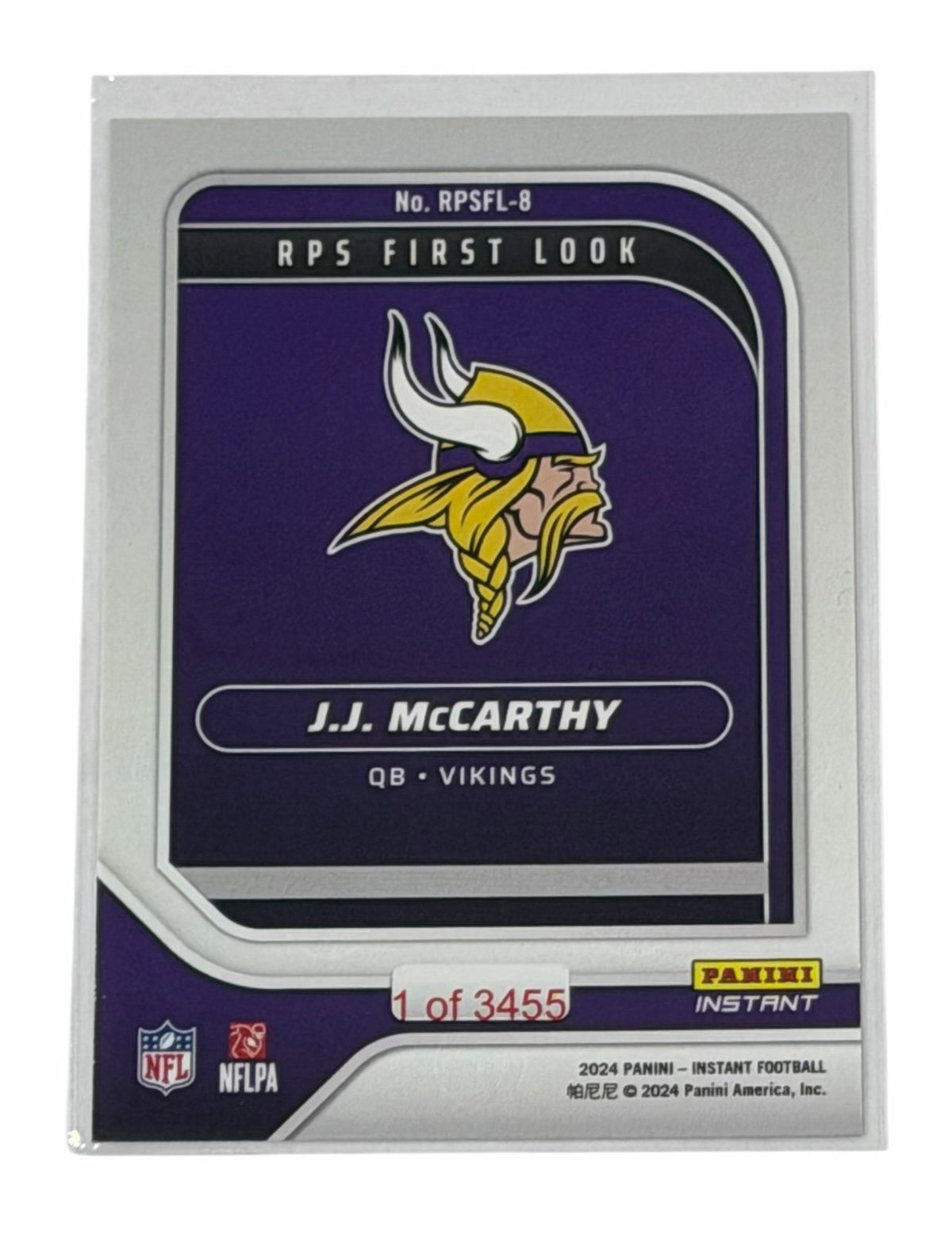 J.J. McCarthy Panini J.J. McCarthy RC 2024 Panini Instant RPS First Look RPSFL-8 NFL Vikings