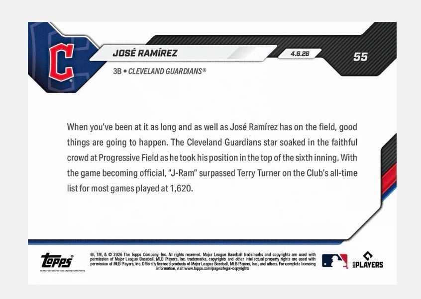 José Ramírez Topps NOW ONLY 3139 Printed José Ramírez 1620 Games Played Record 2026 MLB Topps NOW Card