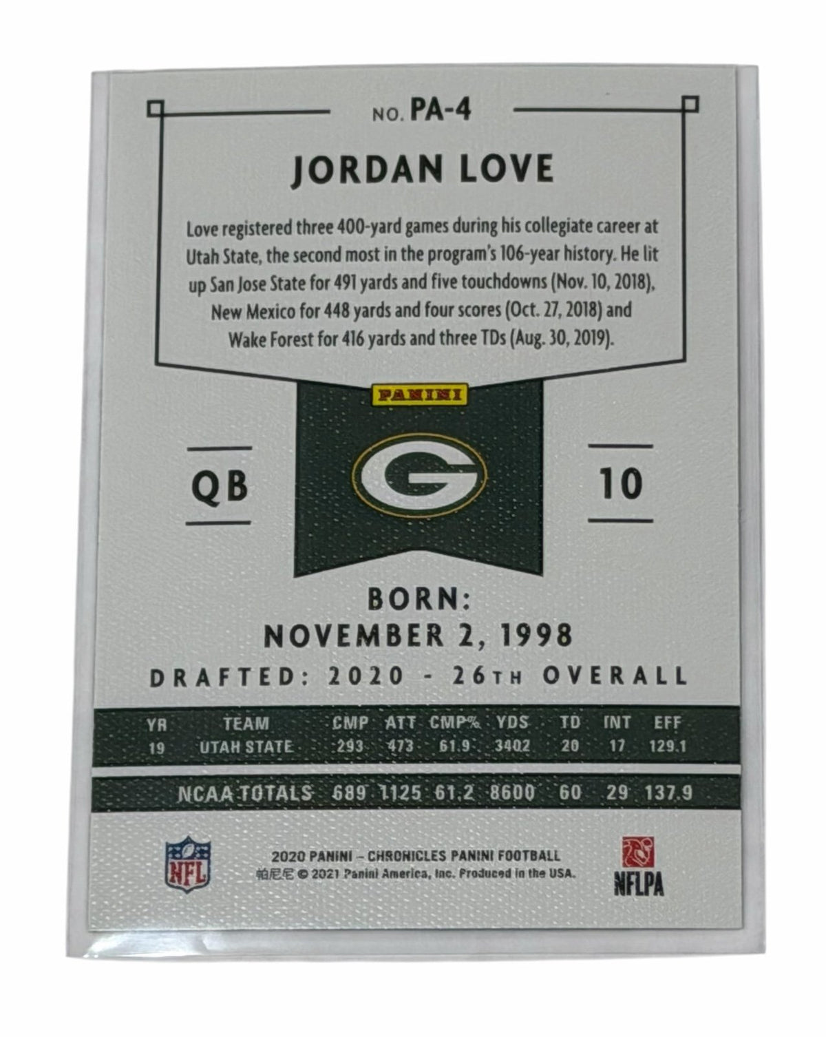 Jordan Love Panini Jordan Love RC 2020 Panini Chronicles PA-4 NFL Green Bay Packers Rookie