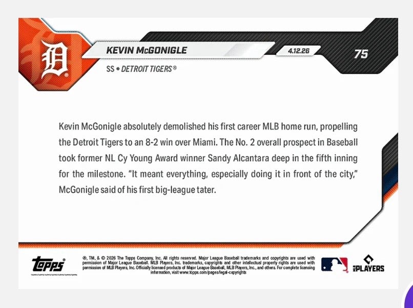 7693 Printed Kevin McGonigle RC 2026 MLB Topps NOW Card 75 Tigers — 01_front