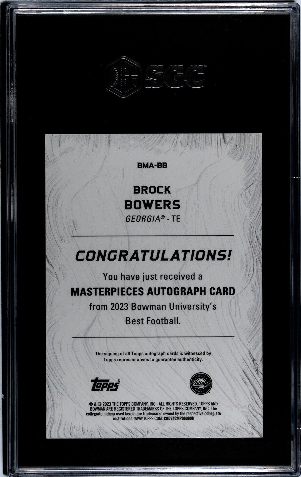Brock Bowers Bowman U 8/75 Brock Bowers RC Auto - 2023 Bowman U Best Football Masterpieces - SGC 10/10