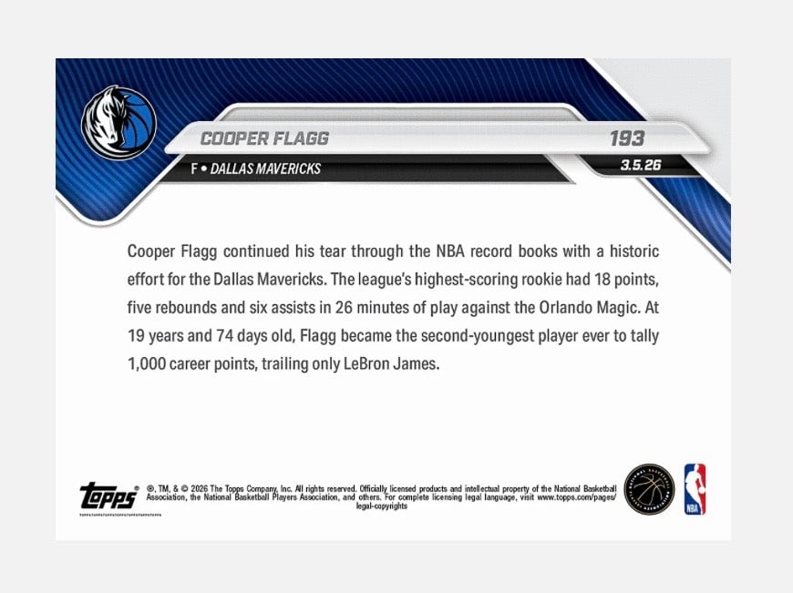 14K Printed Cooper Flagg RC 2025-26 Topps NOW #193 NBA Mavericks 2nd Youngest 10 — 02_back