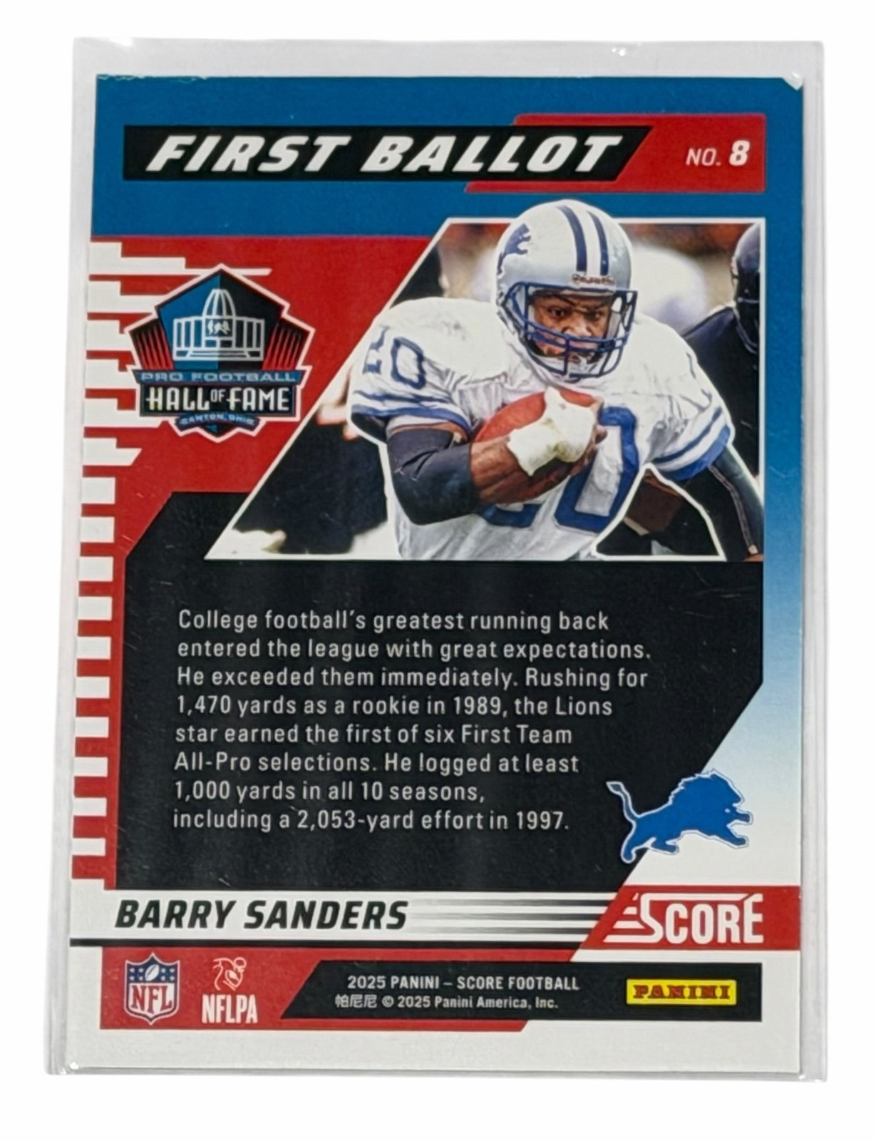 Barry Sanders Panini Barry Sanders 2025 Panini Score First Ballot HOF 8 featuring bold Pro Football