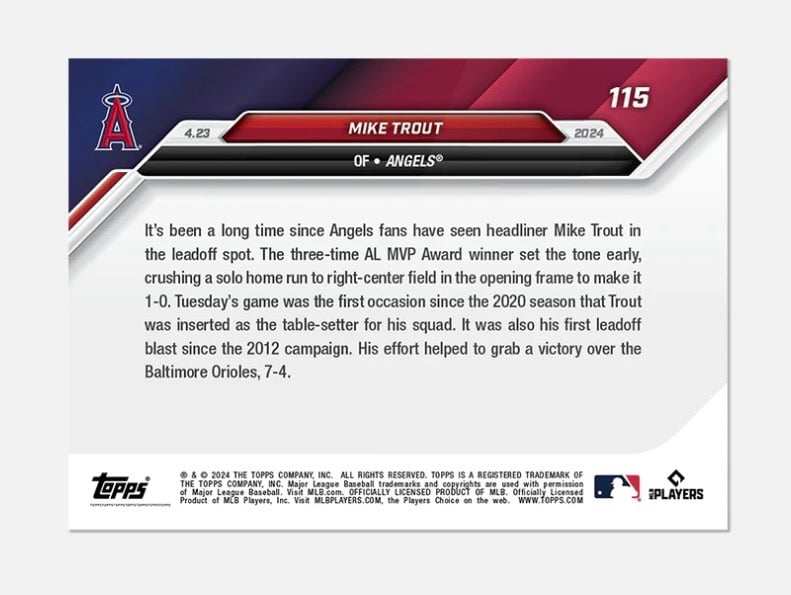 1470 Printed Mike Trout Leadoff HR 2024 Since 2012 Topps NOW 115 MLB Angels — 01_front