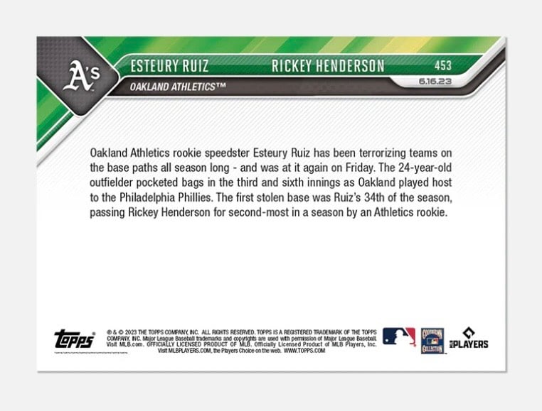 ONLY 942 Printed Esteury Ruiz Rickey Henderson 2023 Topps NOW 453 MLB Oakland As — 02_back