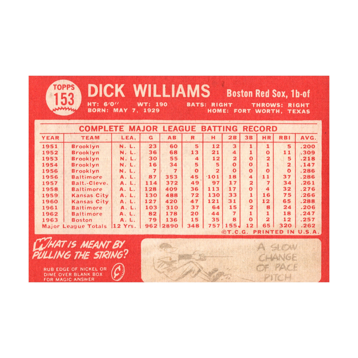 Dick Williams 1964 Topps #153 Boston Red Sox HOF Vintage Baseball Card