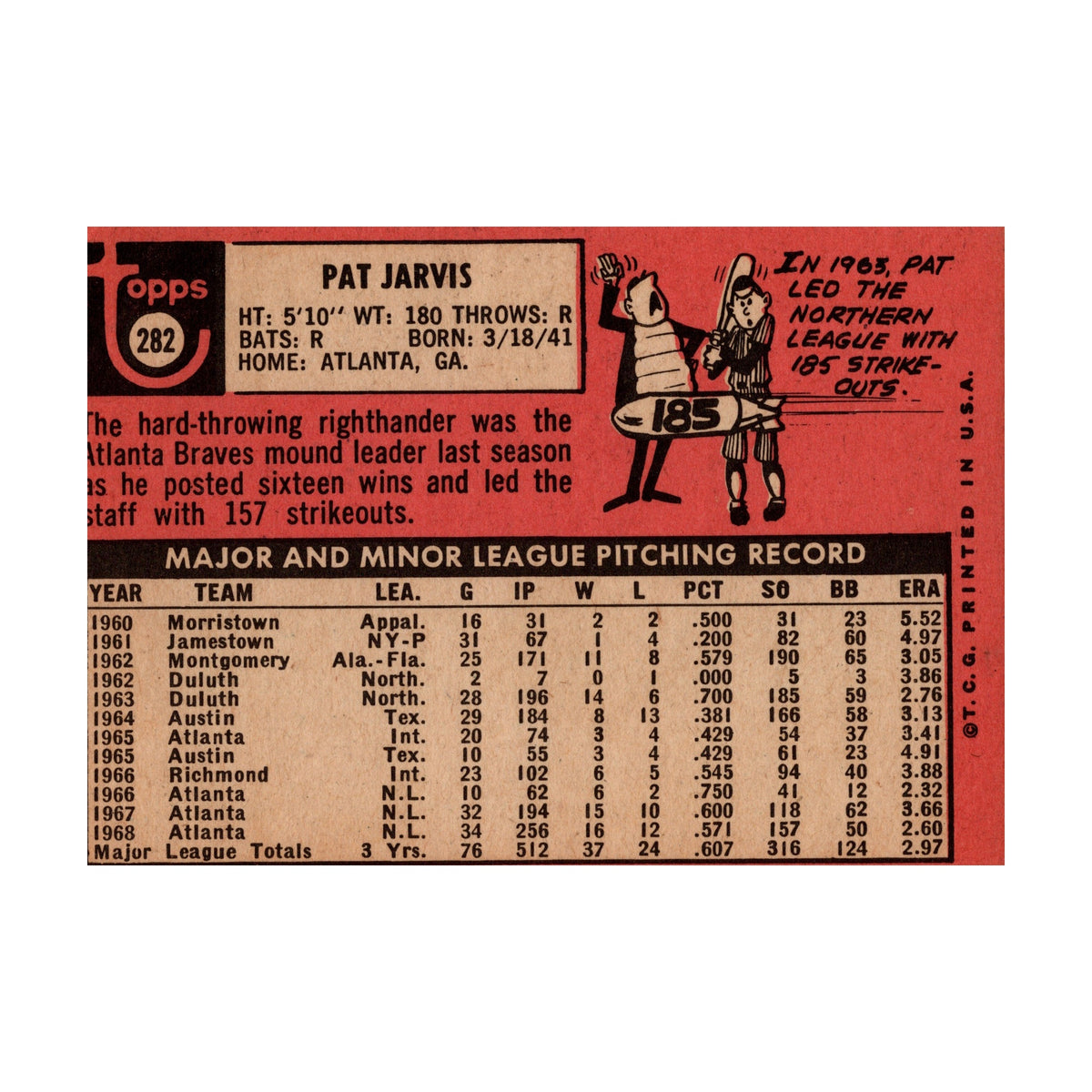 Pat Jarvis 1969 Topps #282 Atlanta Braves Pitcher Vintage Baseball Card