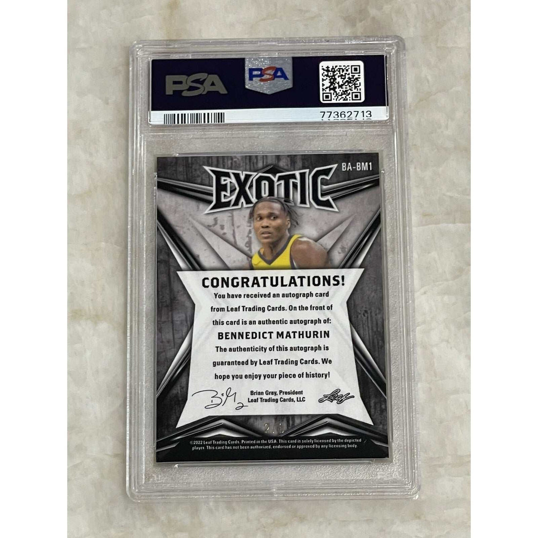 2022-23 Leaf Exotic Mosaic Bennedict Mathurin autographed PSA 9 basketball card