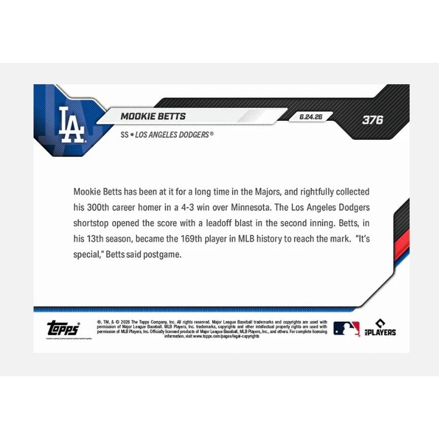 Mookie Betts 2026 Topps NOW #376 4442 PR MLB Los Angeles Dodgers 300th Career HR