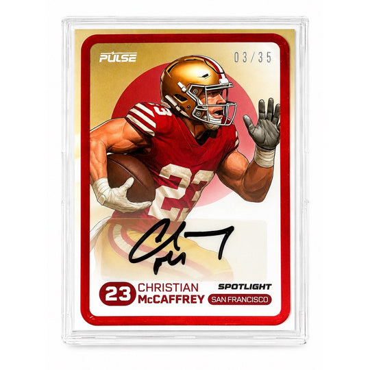 03/35 Christian McCaffrey AUTO 2025 Pulse 03/35 Christian McCaffrey AUTO 2025 Pulse On Demand Spotlight Red Foil SSP 49ers