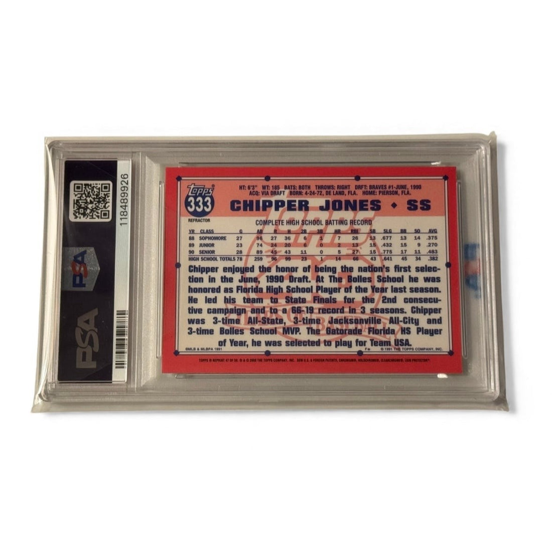 RARE 2001 Topps Chrome Chipper Jones REFRACTOR Card #47 PSA 8 NM-MT MLB Braves